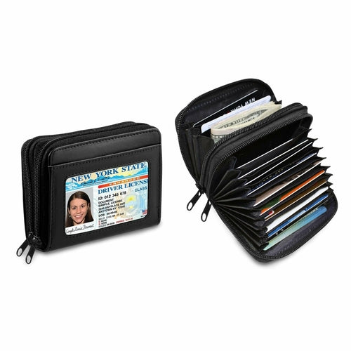 RFID Genuine Leather Credit Card Wallet for Women w/ ID Display Window '